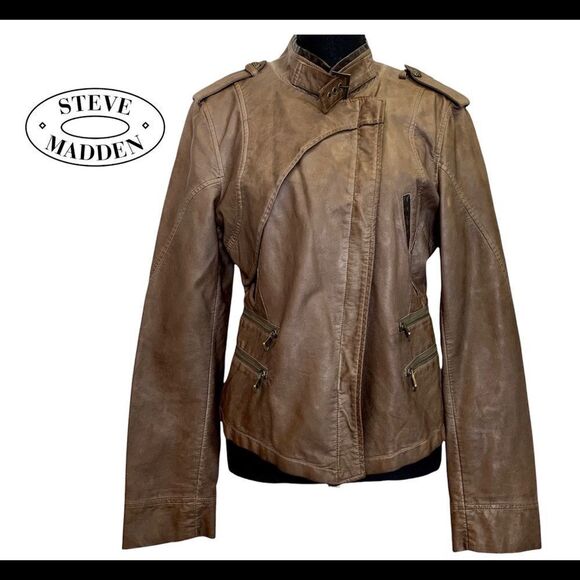 STEVE Madden NWOT Brown faux leather vegan Moto jacket size medium - Picture 1 of 13